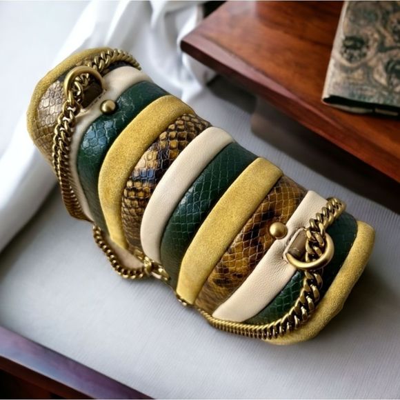 Tory Burch Striped Yellow Green Cream Snakeskin Chain Crossbody Bag - Picture 3 of 16